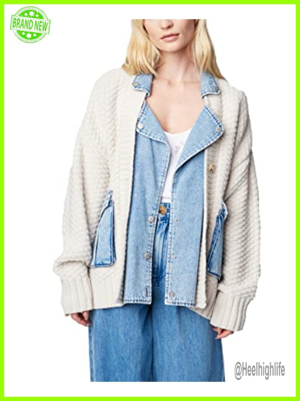 BLANKNYC Women's Button Up Cardigan Denim Knit Relaxed Fit Collared Long Sleeve